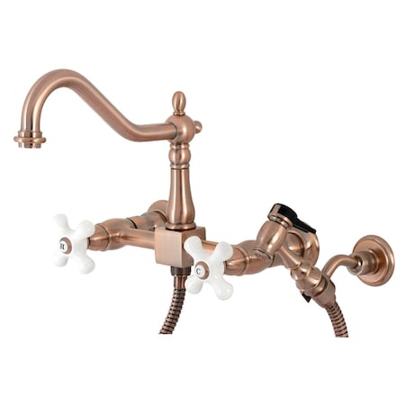 Heritage 2-Handle Wall Mnt Bridge Kitchen Faucet W/Brass Sprayer,Cppr